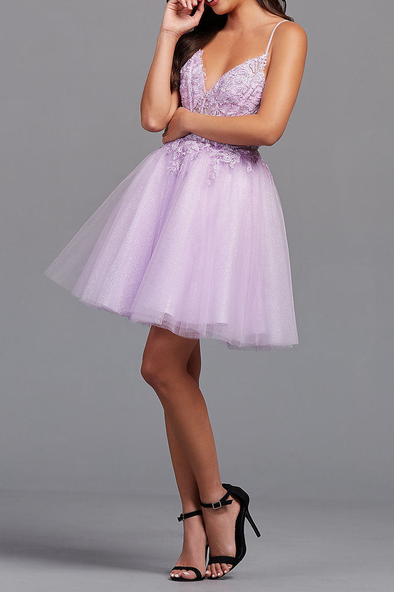 Vestido de fiesta de tul con apliques y espalda descubierta en corte A