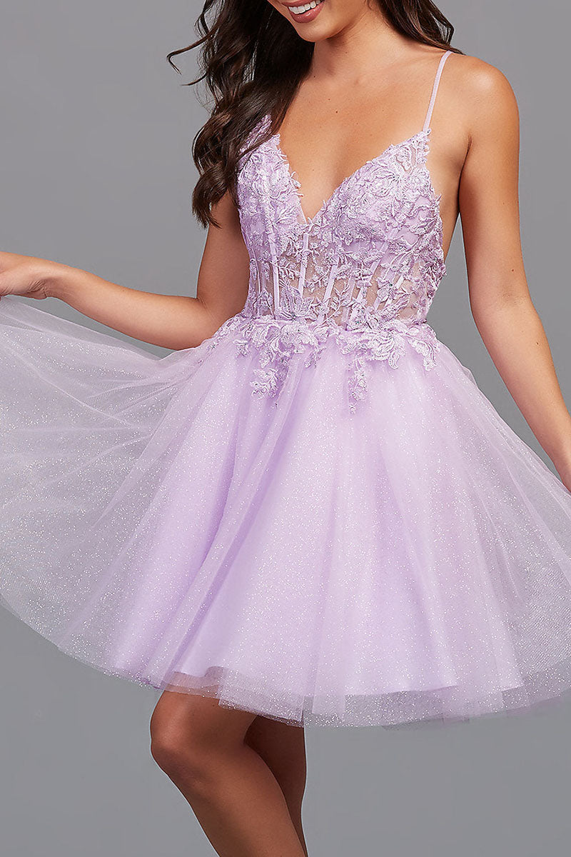 Vestido de fiesta de tul con apliques y espalda descubierta en corte A