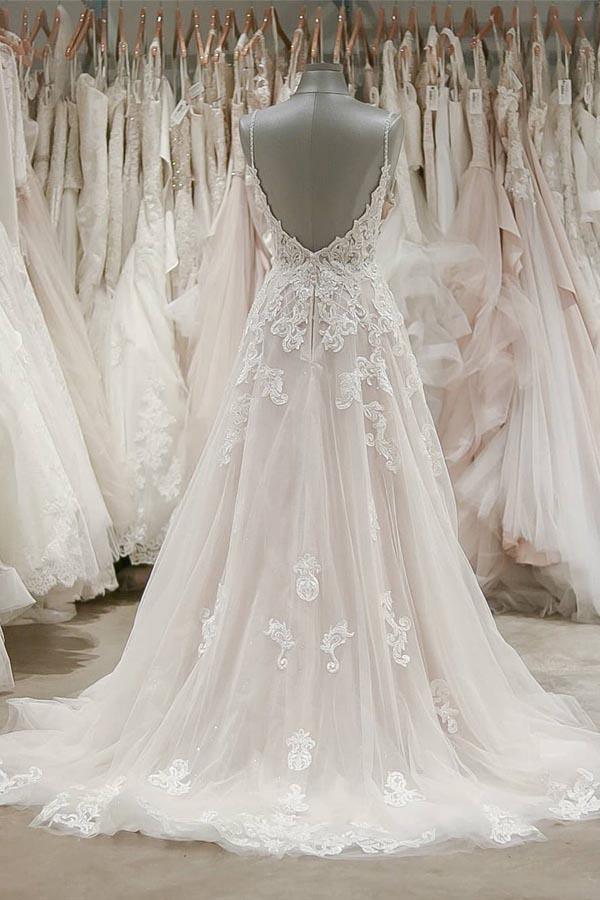 Träger V-Ausschnitt Strand Brautkleider Rückenfreies Elfenbein Tüll Brautkleid