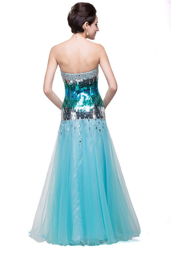 Vestidos de noche de sirena con lentejuelas y tul, sin tirantes y largos hasta el suelo