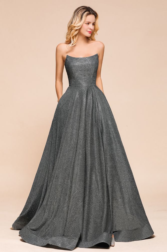 Strapless Glitter aline Evening Gown Sleeveless Front Slit Dancing Party Dress