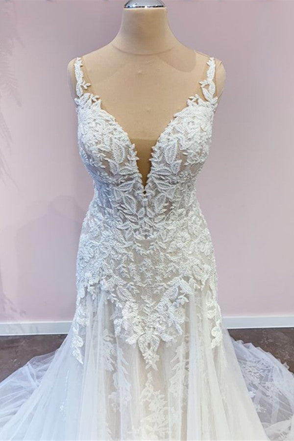 Impresionante vestido de novia largo de corte A con escote en forma de corazón de tul y apliques de encaje