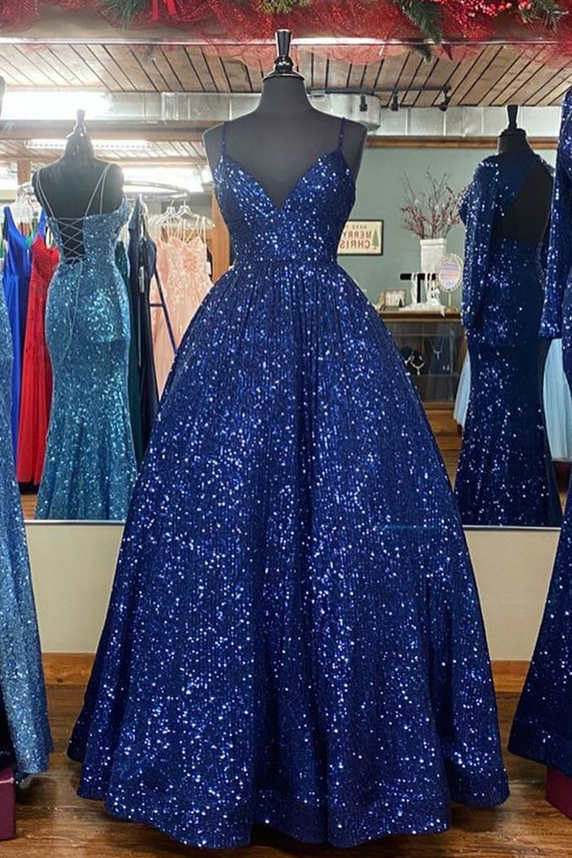 Impresionante vestido de fiesta largo de corte A con lentejuelas rosas