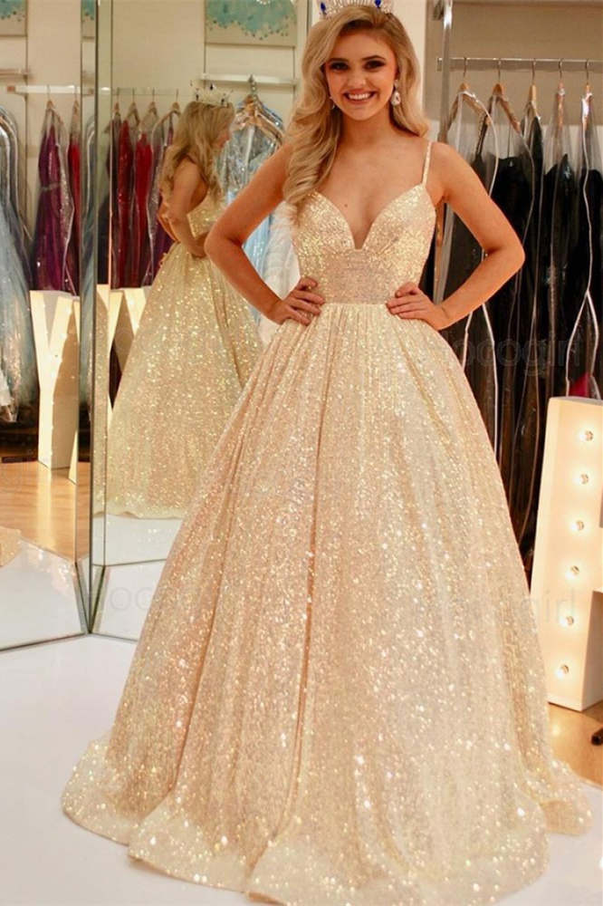 Impresionante vestido de fiesta largo de corte A con lentejuelas rosas