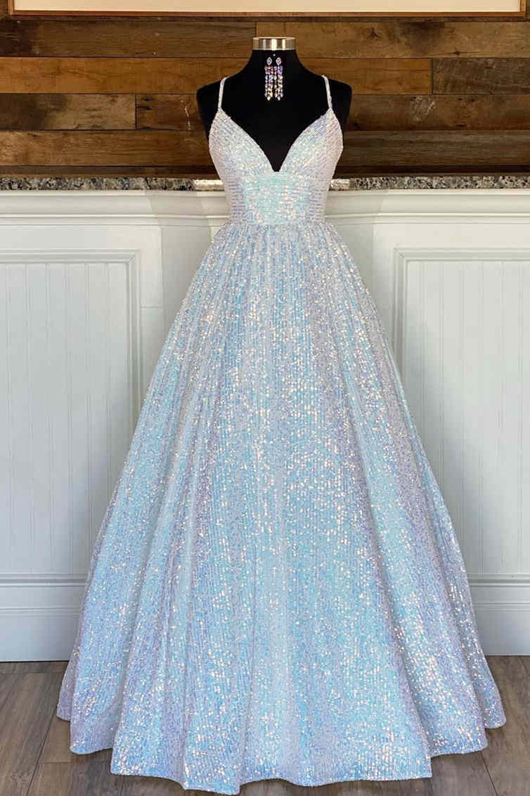 Impresionante vestido de fiesta largo de corte A con lentejuelas rosas