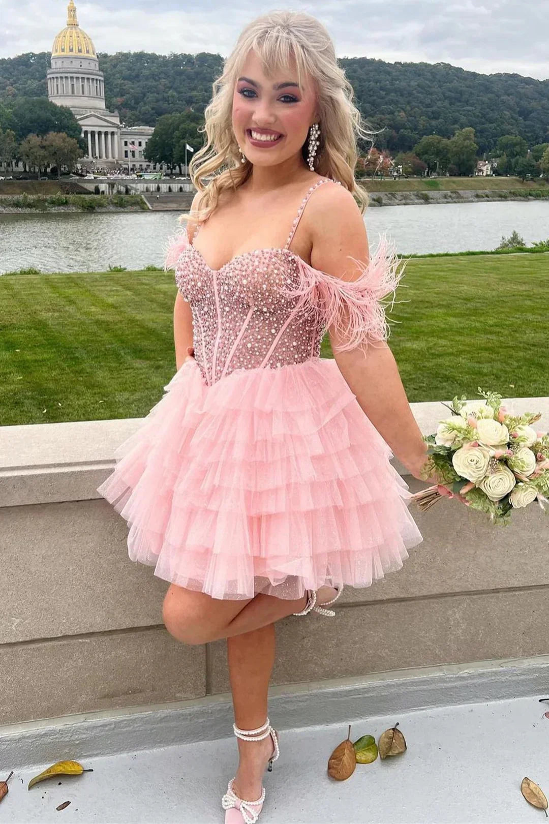 Delia | A-Linien-Schulterfreies Homecoming-Kleid mit Perlenbesatz