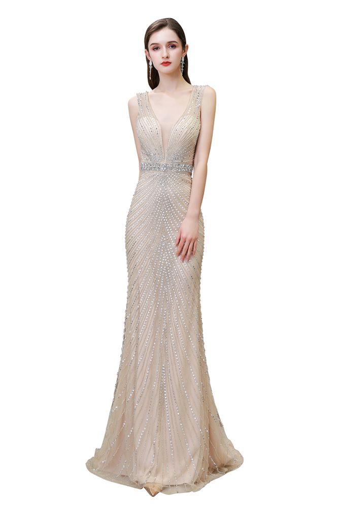Stylish Deep V-Neck Sleeveless Beading Silver Slim Mermaid Party Gown