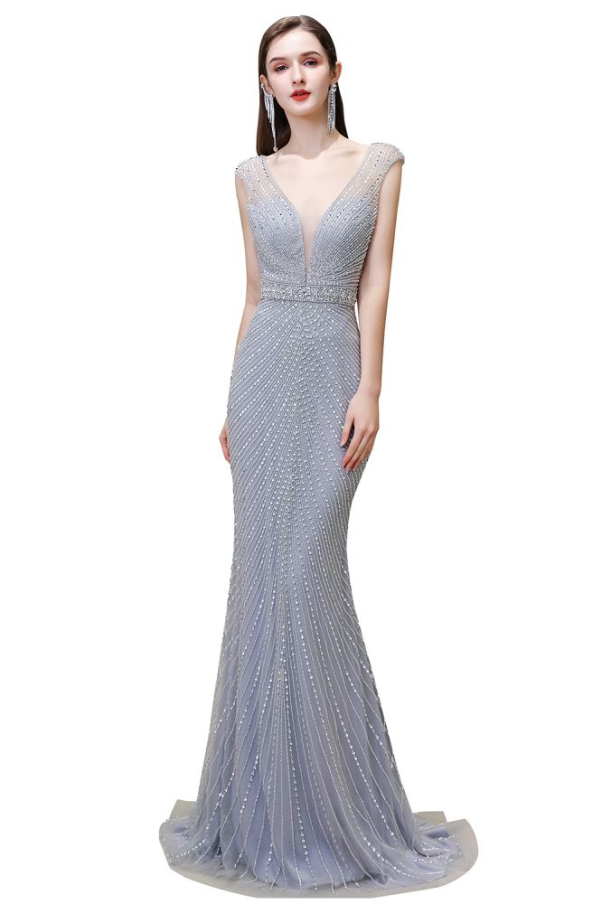 Stylish Deep V-Neck Sleeveless Beading Silver Slim Mermaid Party Gown