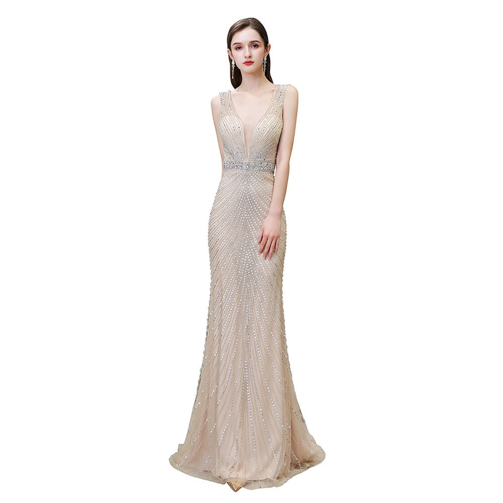 Stylish Deep V-Neck Sleeveless Beading Silver Slim Mermaid Party Gown