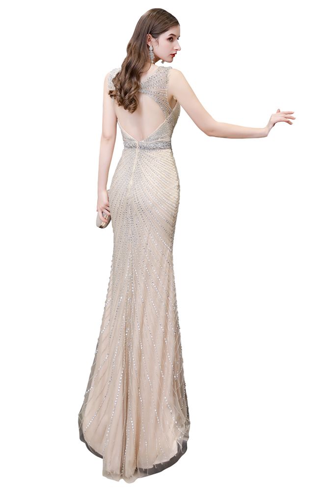 Stylish Deep V-Neck Sleeveless Beading Silver Slim Mermaid Party Gown