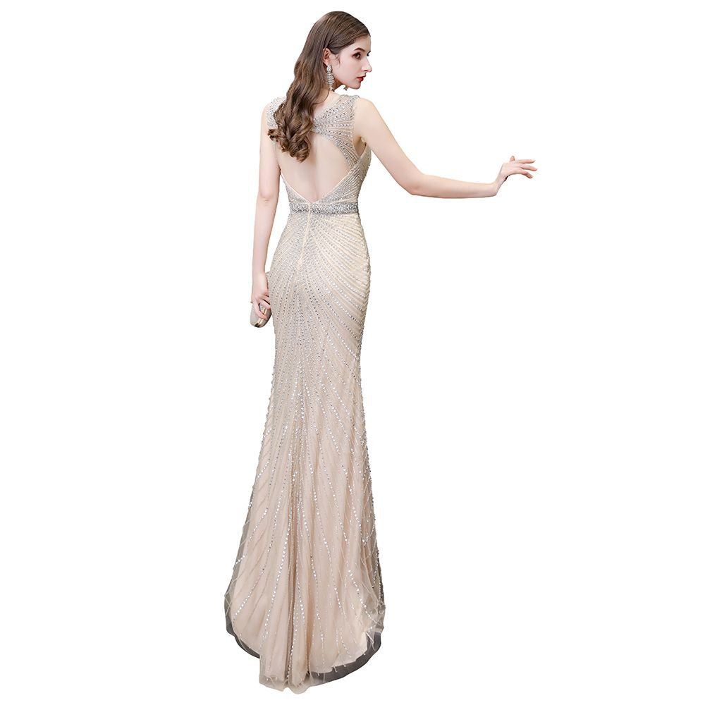 Stylish Deep V-Neck Sleeveless Beading Silver Slim Mermaid Party Gown