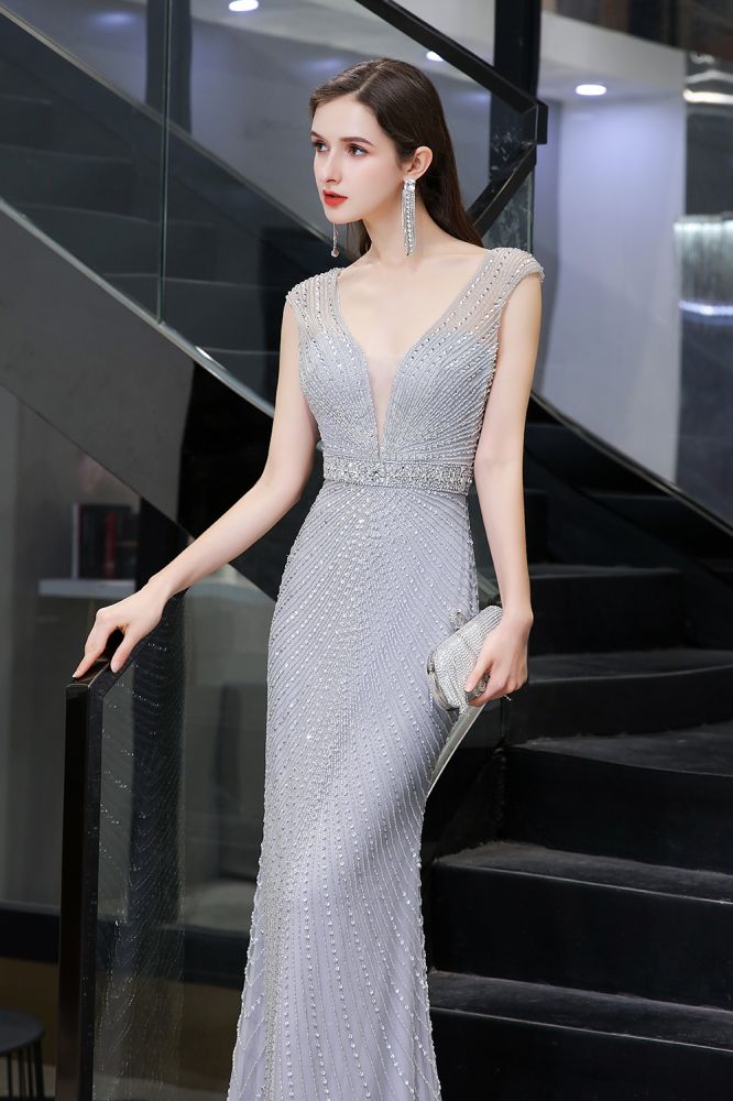 Stylish Deep V-Neck Sleeveless Beading Silver Slim Mermaid Party Gown