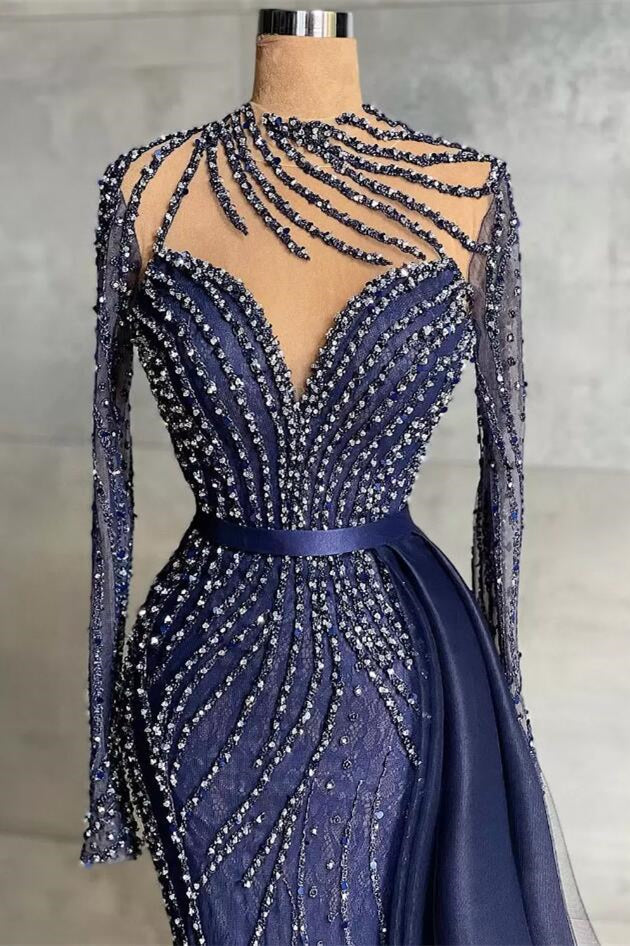 Stylish High Neck Navy Mermaid Evening Dress with Detachable Tulle Train Crystals Beads Long Prom Dress