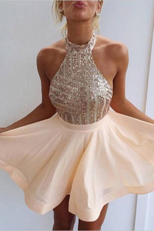 Elegante vestido de fiesta corto con cuello halter y espalda abierta, vestidos de regreso a casa con cuentas