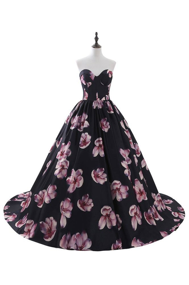 Herzausschnitt A-Linie Langes Abendkleid mit Blumenmuster
