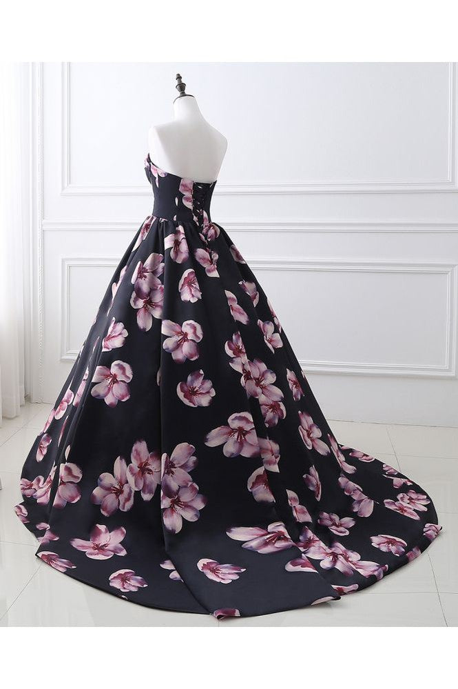 Herzausschnitt A-Linie Langes Abendkleid mit Blumenmuster
