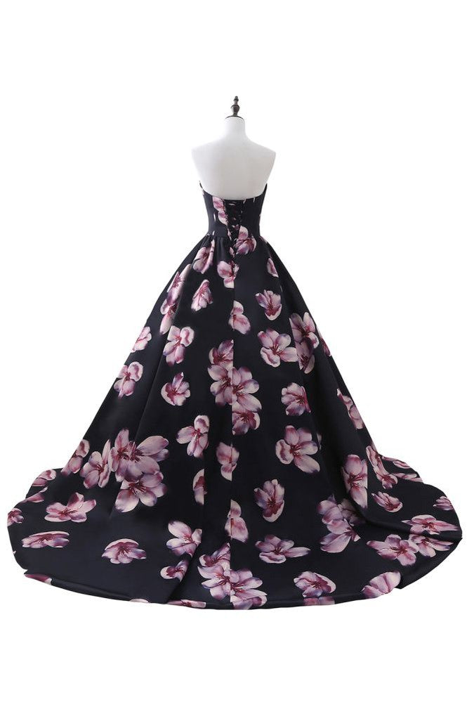 Herzausschnitt A-Linie Langes Abendkleid mit Blumenmuster