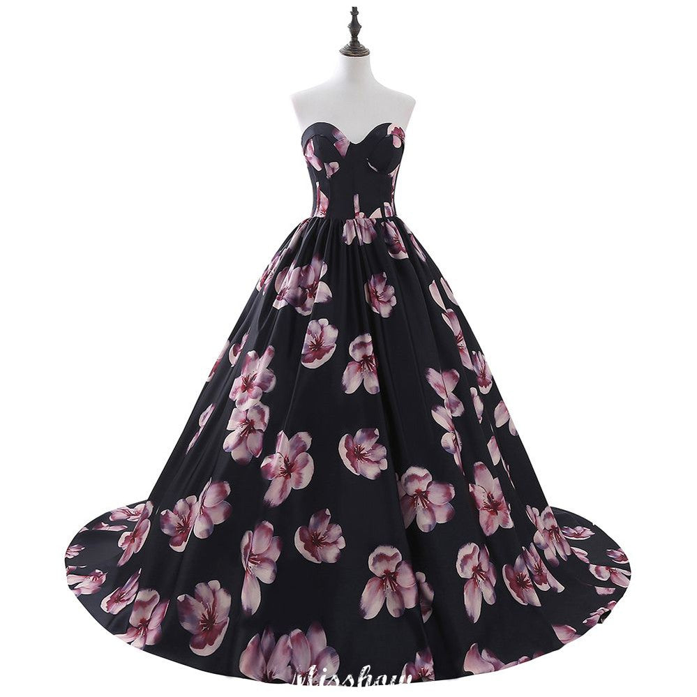 Herzausschnitt A-Linie Langes Abendkleid mit Blumenmuster