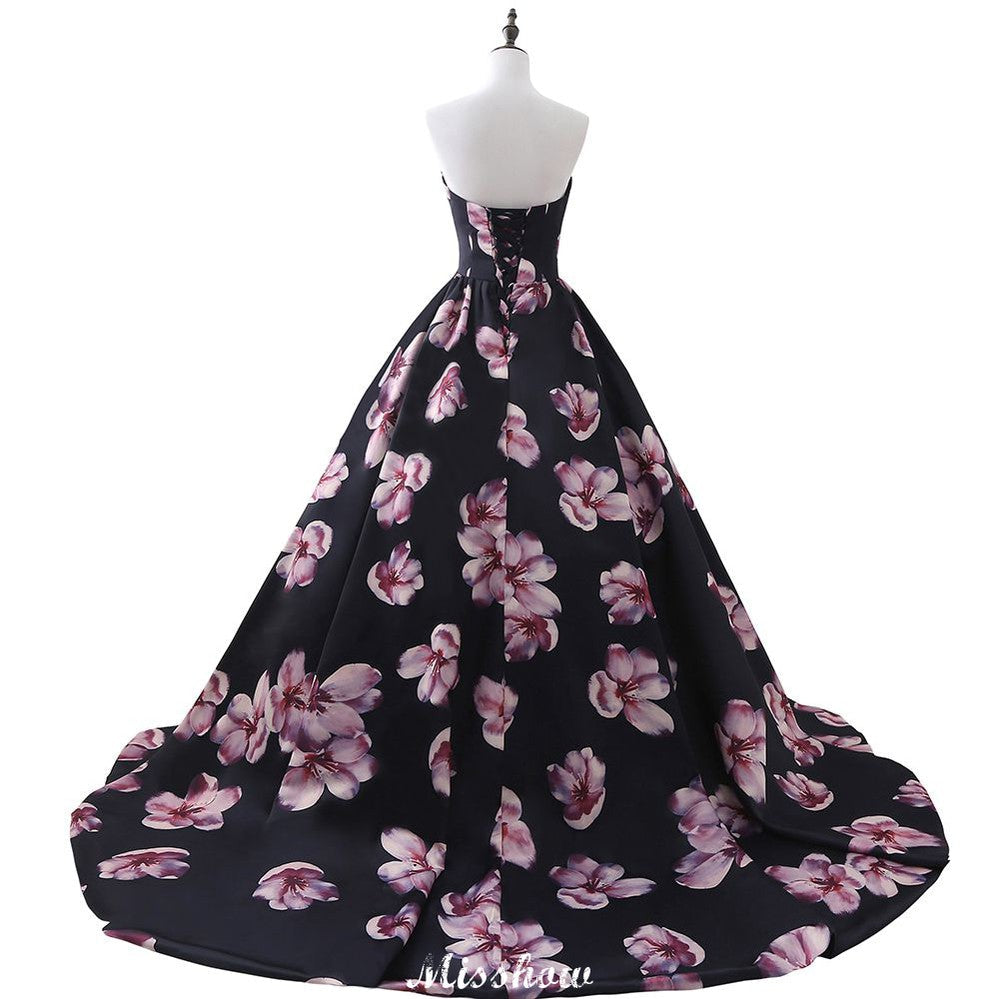 Herzausschnitt A-Linie Langes Abendkleid mit Blumenmuster