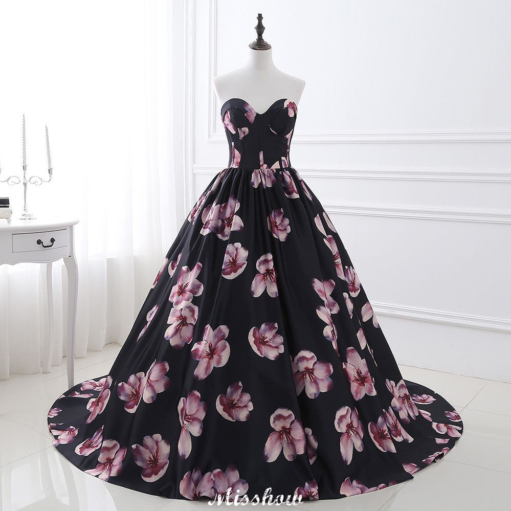 Herzausschnitt A-Linie Langes Abendkleid mit Blumenmuster
