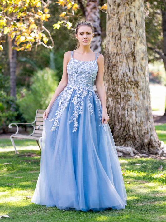 Vestido de fiesta de tul con apliques de encaje y corte en A hasta el suelo
