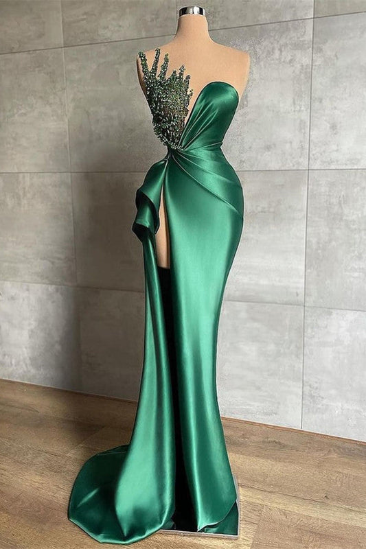 Grünes langes Meerjungfrau-Abendkleid mit glitzerndem ärmellosem Herzausschnitt und Perlen