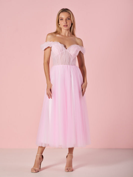 Vestido de fiesta de tul con escote corazón y hombros descubiertos, largo hasta la rodilla
