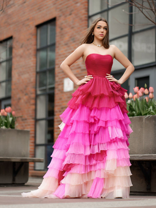 Vestido de fiesta largo con escote corazón plisado y volantes