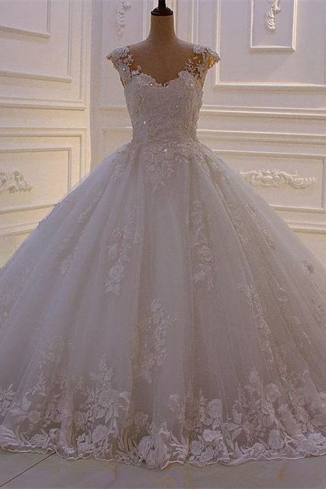 Vestido de novia de princesa con escote en A, sin mangas, con apliques de encaje