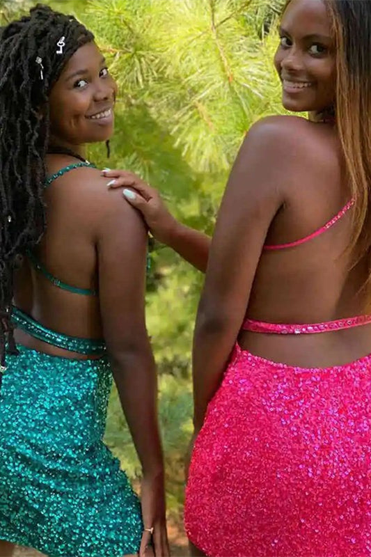 Vestidos de fiesta cortos con lentejuelas y sin mangas con escote corazón