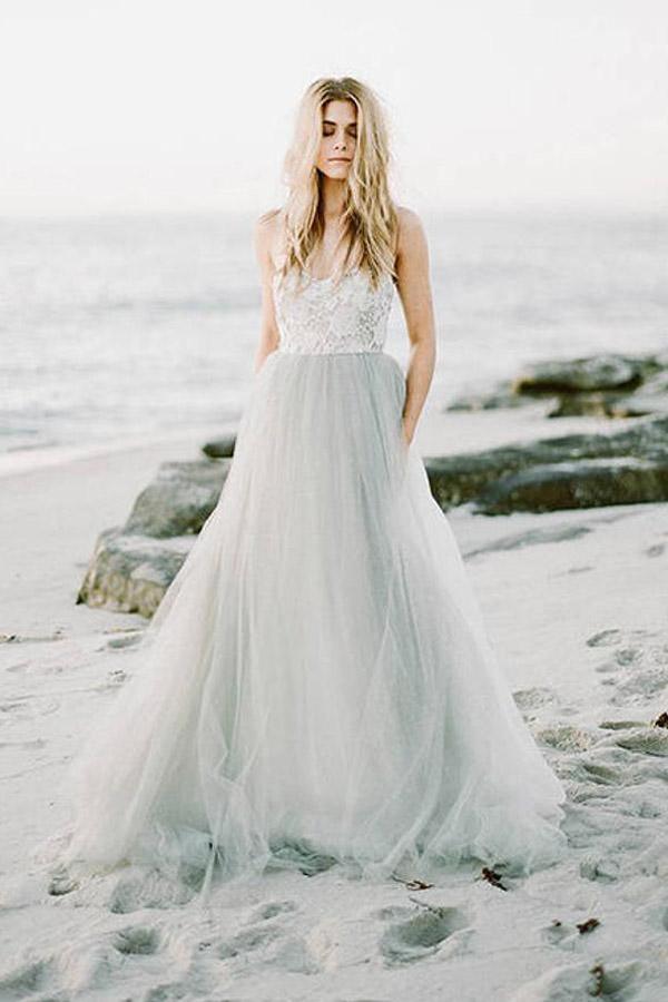 Herzförmiges trägerloses A-Linien-Bohemian-Brautkleid, schlichtes Tüll-Brautkleid