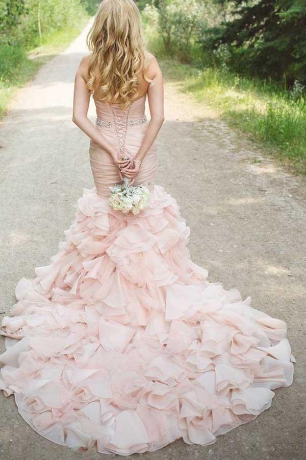 Meerjungfrau-Brautkleid aus Organza mit Herzausschnitt, Stufenschleppe und Perlenbesatz