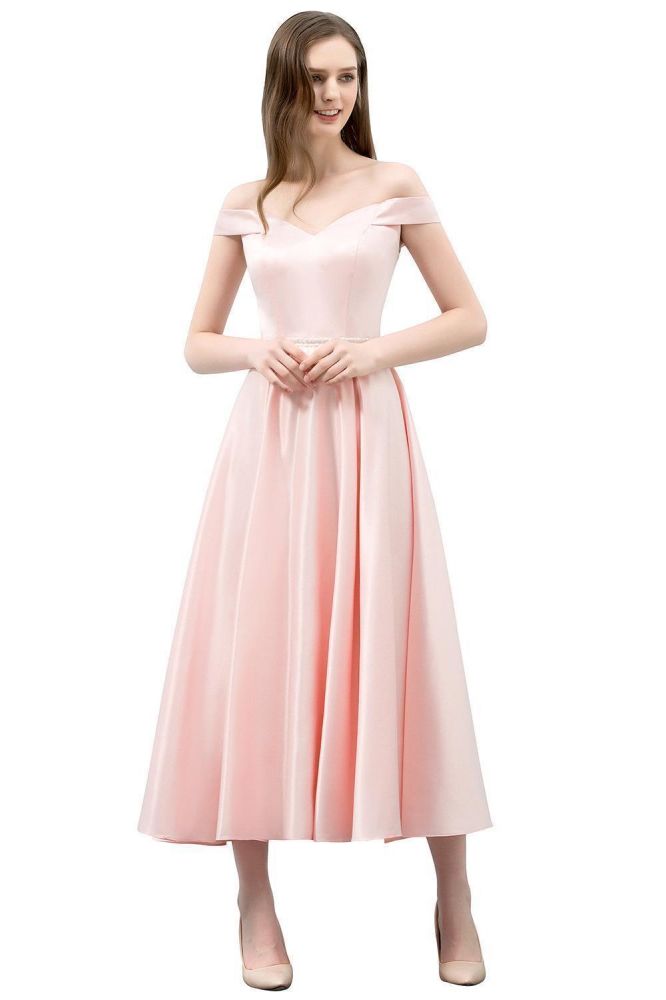 Teelanges rosa A-Linien-Ballkleid mit schulterfreiem Schnitt und Schärpe
