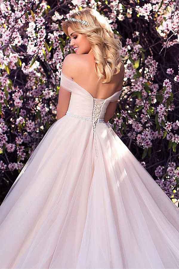 A-Linien-Brautkleid aus Tüll mit schulterfreiem Ausschnitt und Perlenbesatz