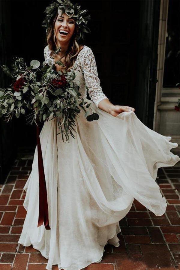 Zweiteiliges 3/4-Ärmel Chiffon Brautkleider Brautkleid