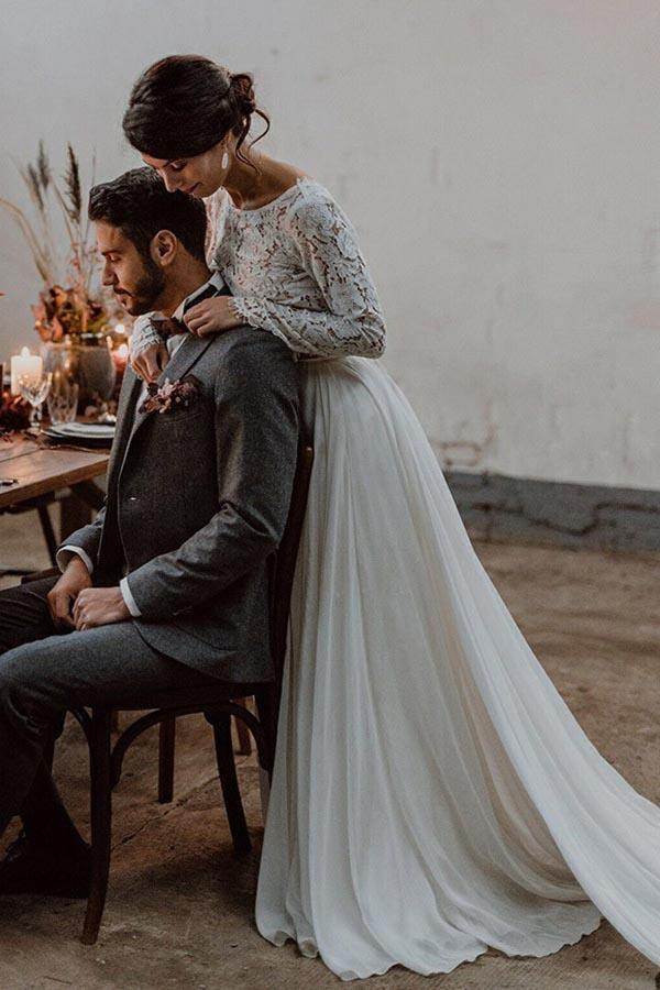 Zweiteiliges Bateau-Brautkleid aus Chiffon mit langen Ärmeln und Spitze