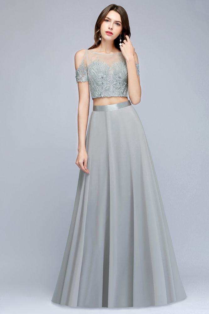 Zweiteilige bodenlange Chiffon-Ballkleider mit Applikationen