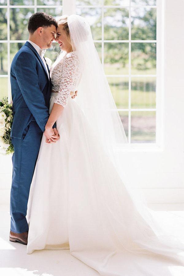 Two Piece Half Sleeves See-Through Wedding Dress with Lace Top
