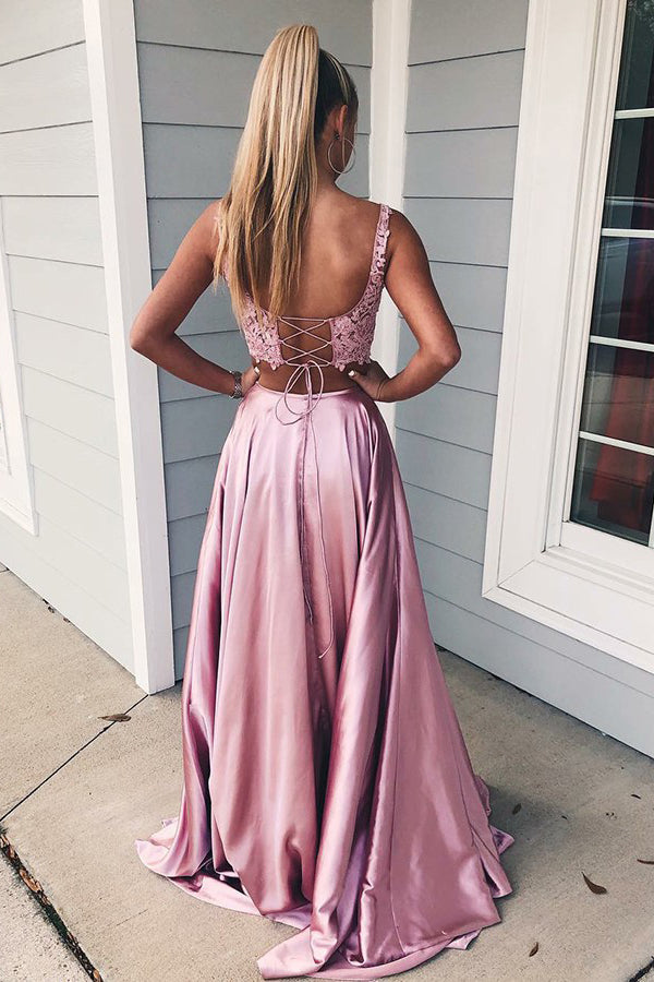 Vestido de fiesta de dos piezas largo de corte A con escote cuadrado y abertura frontal con bolsillos