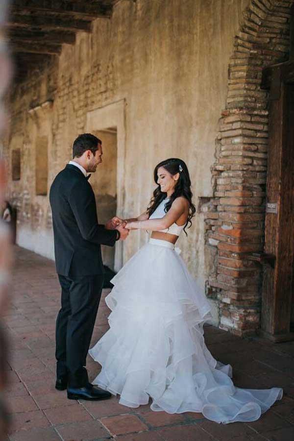 Zweiteilige weiße Brautkleider Rüschenrock A-Linie Brautkleid
