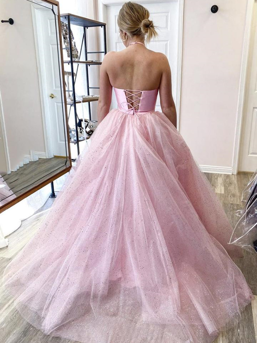 Zweiteiliges langes A-Linien-Neckholder-Satin-Tüll-rückenfreies formelles Ballkleid