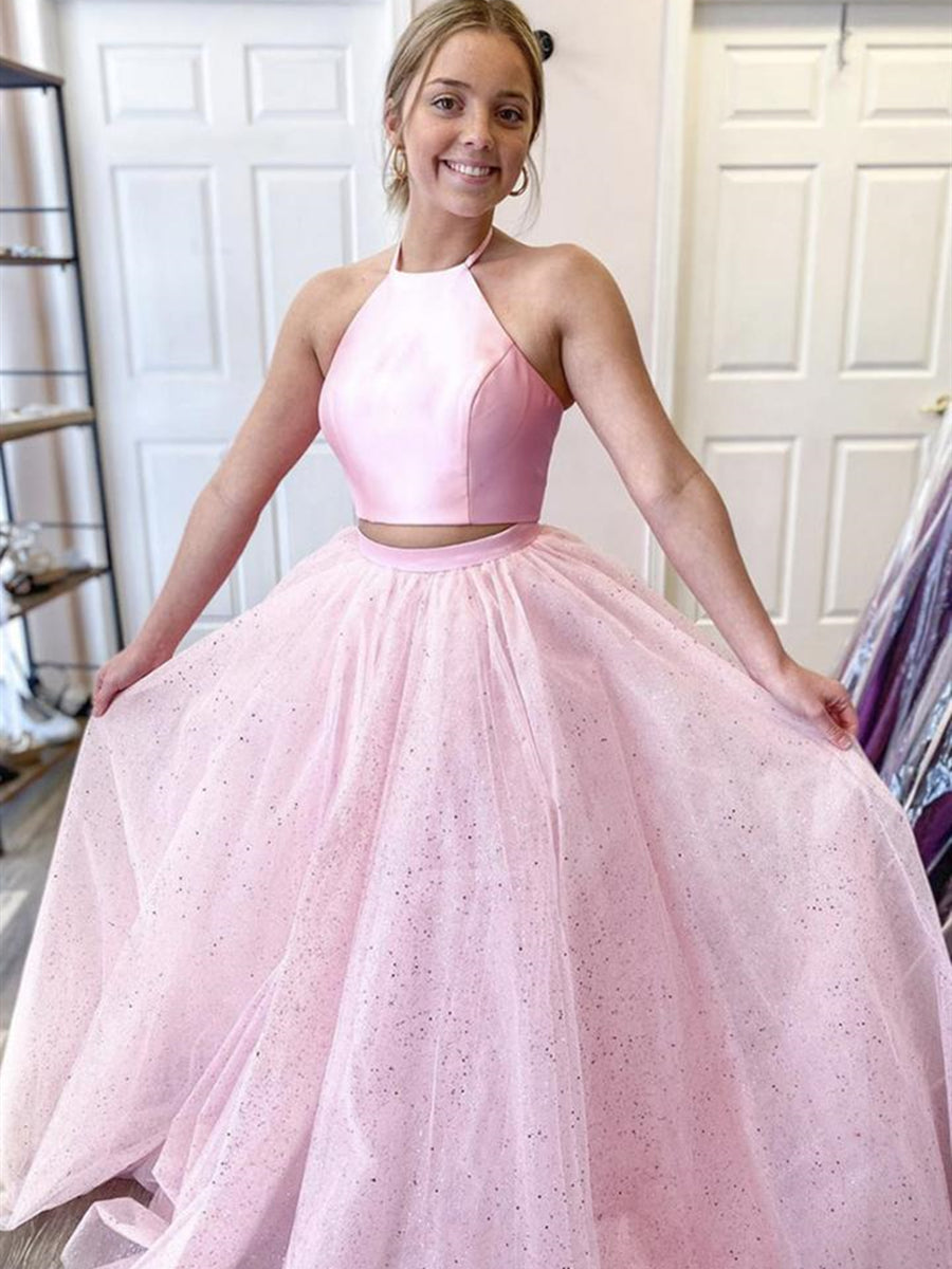 Zweiteiliges langes A-Linien-Neckholder-Satin-Tüll-rückenfreies formelles Ballkleid