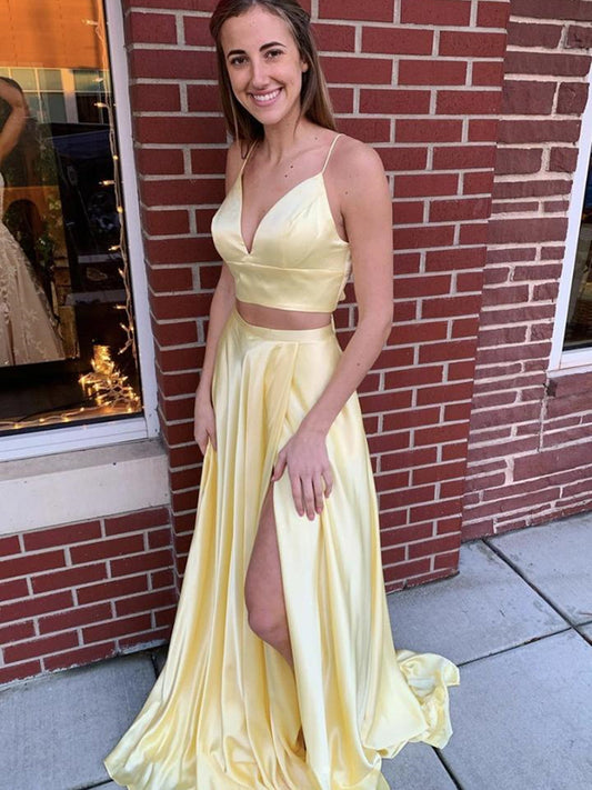 Vestido de noche formal de graduación de satén con escote en V y corte A largo de dos piezas con abertura