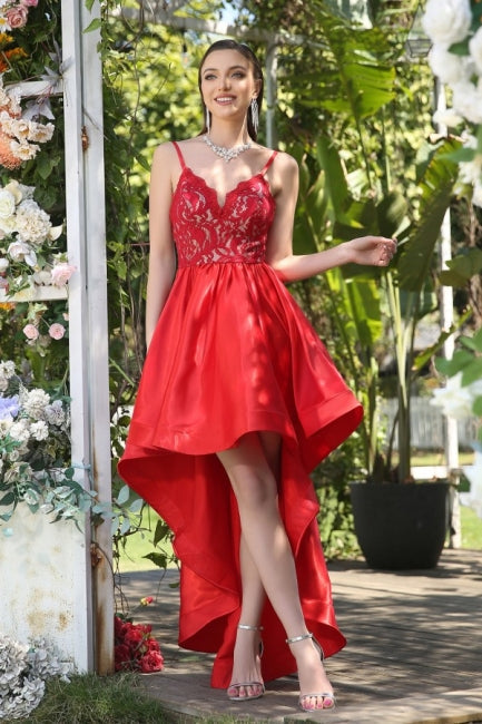 Vestidos de fiesta únicos de corte A sin mangas con tirantes finos rojos y encaje