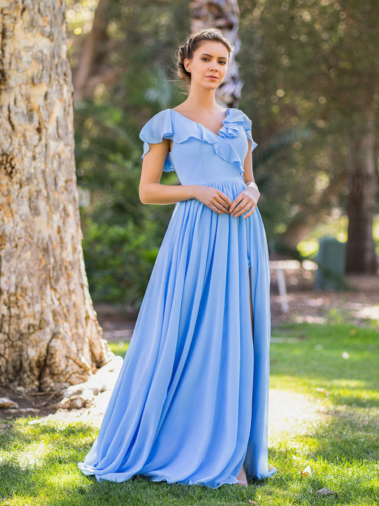 Vestido de gasa con escote en V y parte superior asimétrica hasta el suelo