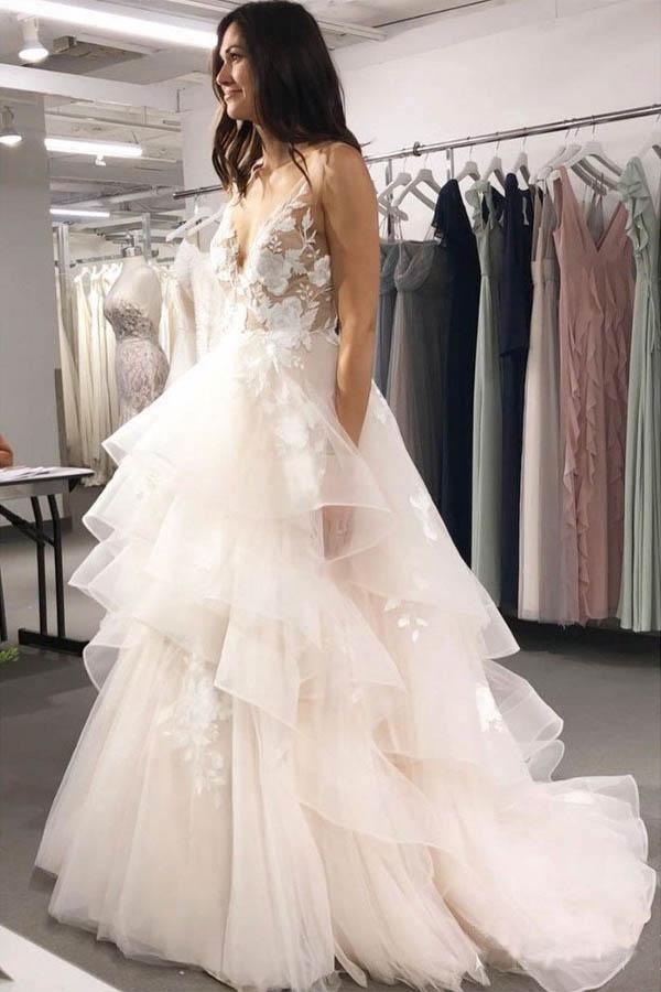 V-Ausschnitt Ballkleid Brautkleider Lagenrock Brautkleid