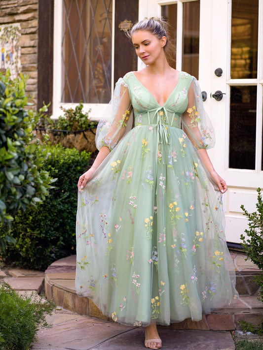 Vestido de fiesta largo con escote en V, bordado, de tul y corsé floral