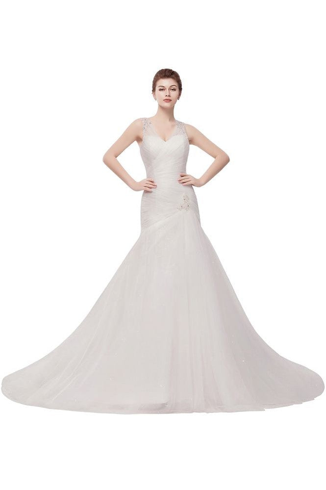 Vestidos de novia de tul con cristales, sirena, escote en V y largo hasta el suelo