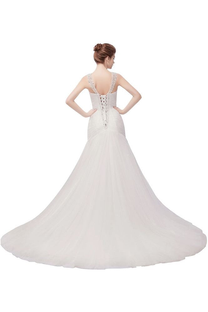 Vestidos de novia de tul con cristales, sirena, escote en V y largo hasta el suelo