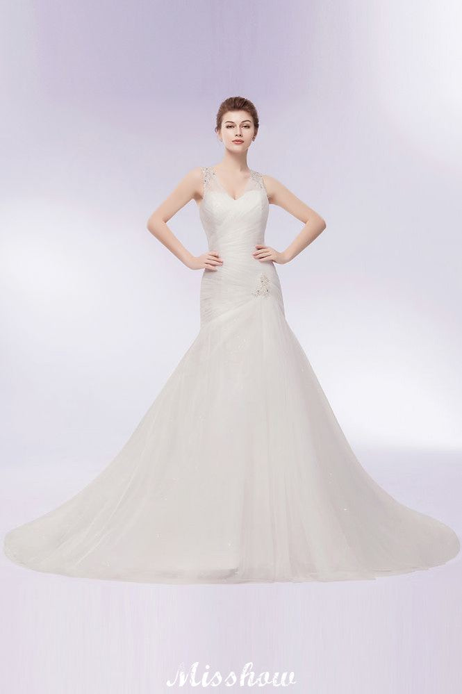 Vestidos de novia de tul con cristales, sirena, escote en V y largo hasta el suelo